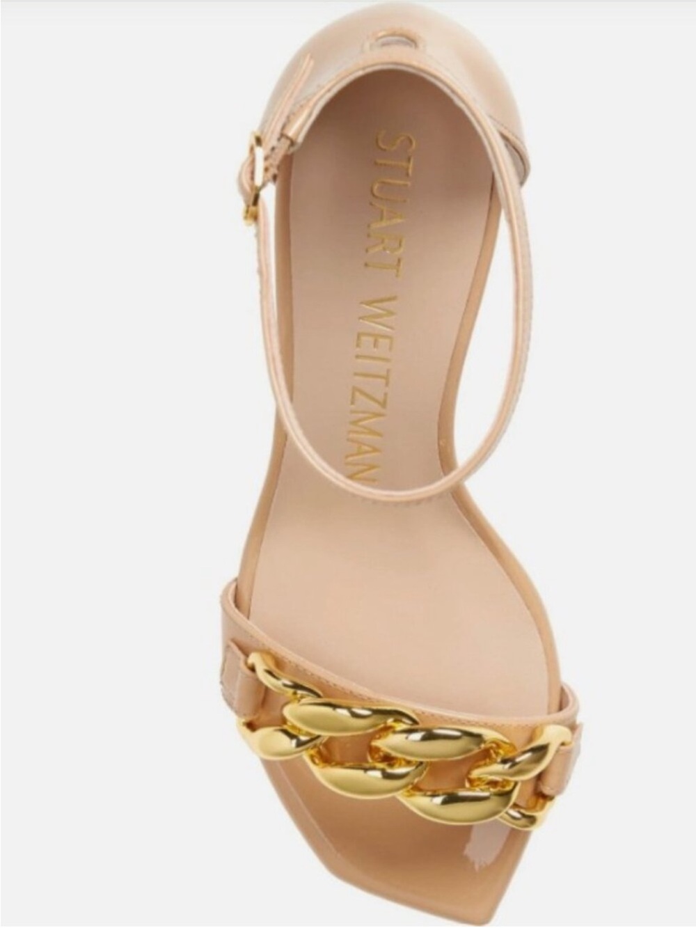 Stuart Weitzman Nude tan Gold Amelina chunky chain Block Heels Sandals size 10 - Picture 2 of 11